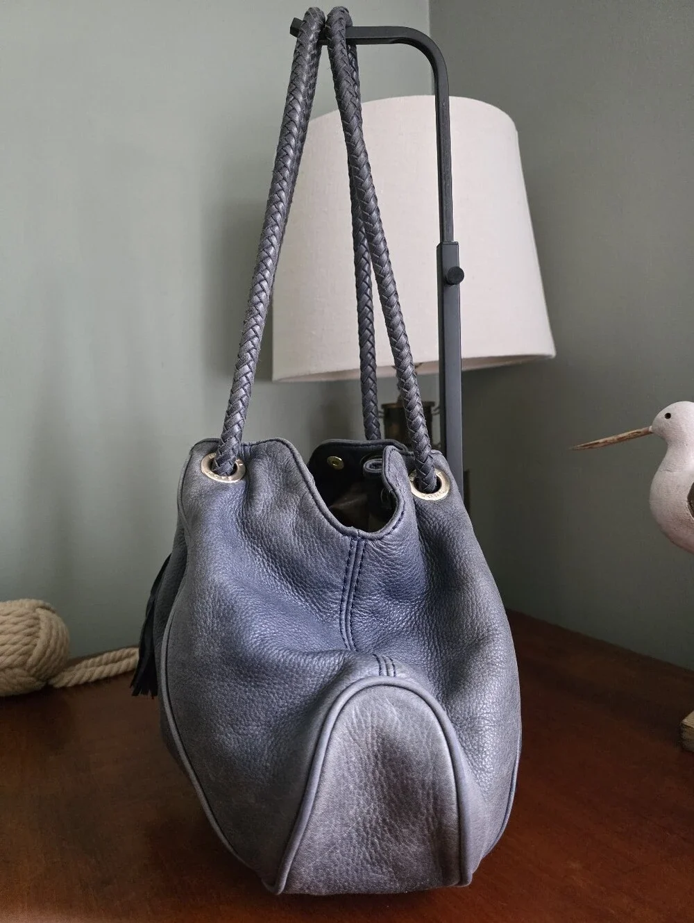 Michael Kors Braided Handle Hobo Bag Slate Blue Navy Pebbled Leather Tassel